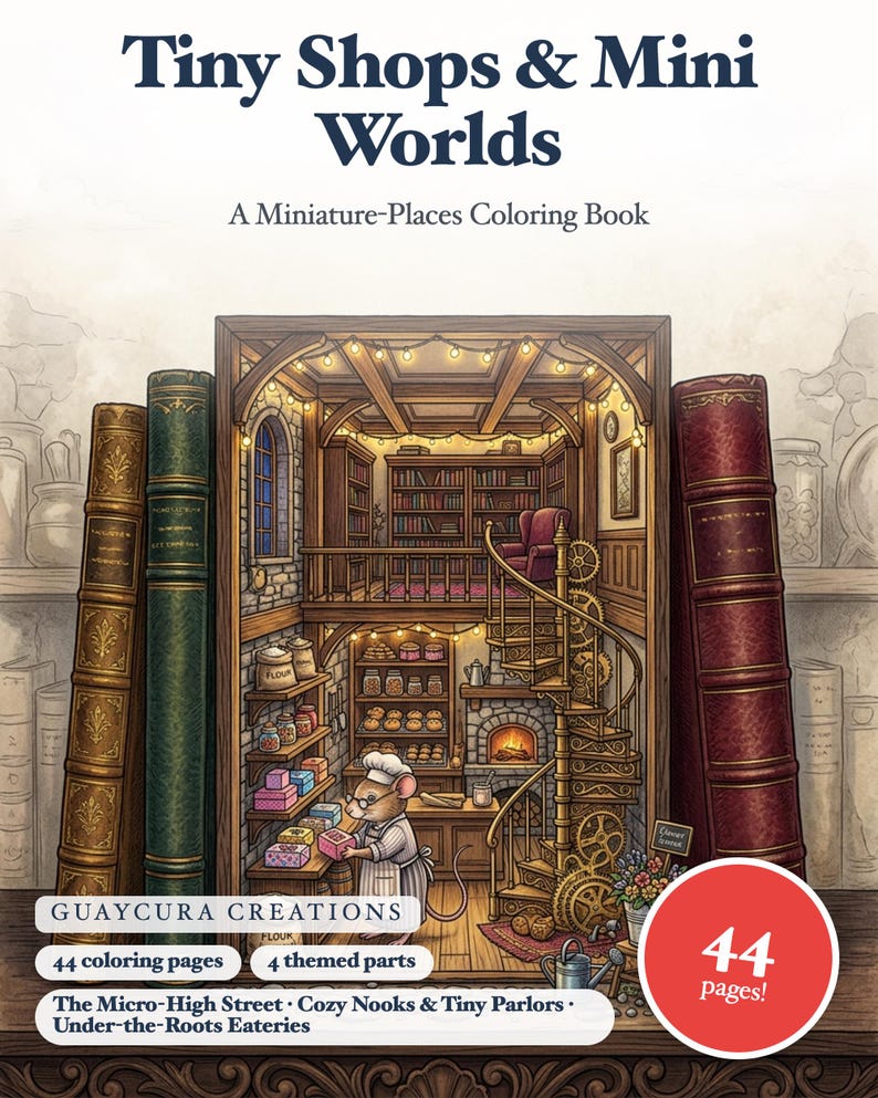 Tiny Shops and Mini Worlds Coloring Book Printable PDF Cozy Diorama Book Nook Mouse World Coloring Pages for Adults Instant Download image 1