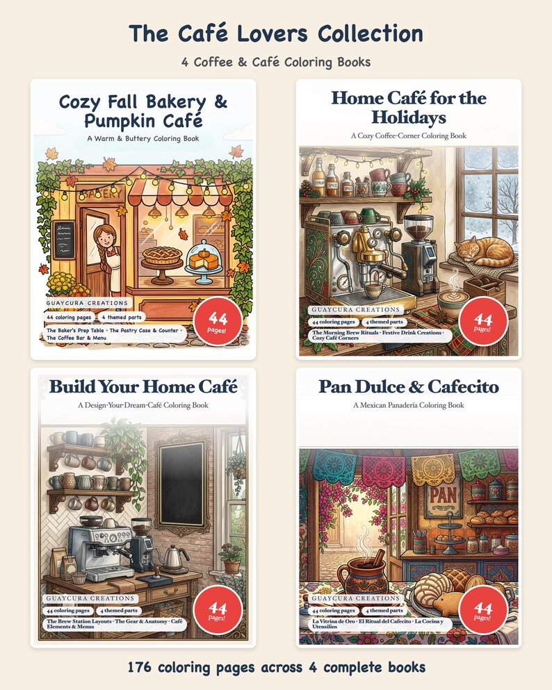 Cozy Cafe Coloring Book Bundle, 176 Pages Printable Coffee Lovers Pan Dulce Bakery Autumn Holiday Home Cafe PDF by Guaycura Creations image 1