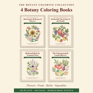 Botany Coloring Book Bundle for Kids | 4 Books: Flowers, Fruits, Herbs, Vegetables | Homeschool Science | Printable PDF