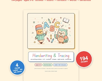 Handwriting Practice Worksheets | Preschool Tracing Pack PDF, 194 Pages: Letters, Numbers, Shapes, Sight Words, Letter + A4 + Ink Saver