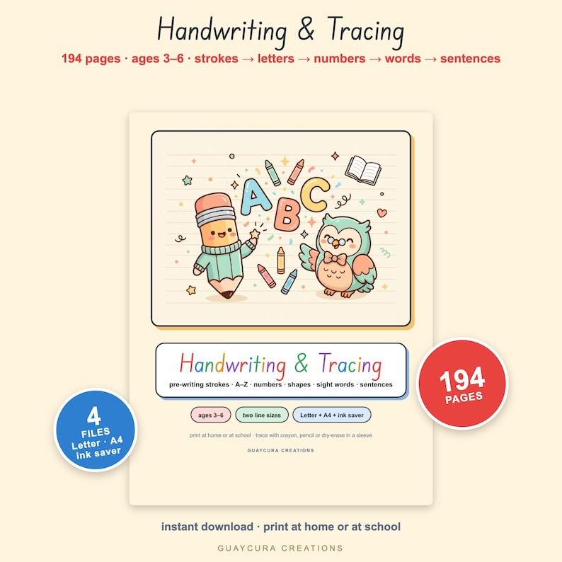 Handwriting Practice Worksheets | Preschool Tracing Pack PDF, 194 Pages: Letters, Numbers, Shapes, Sight Words, Letter + A4 + Ink Saver image 1