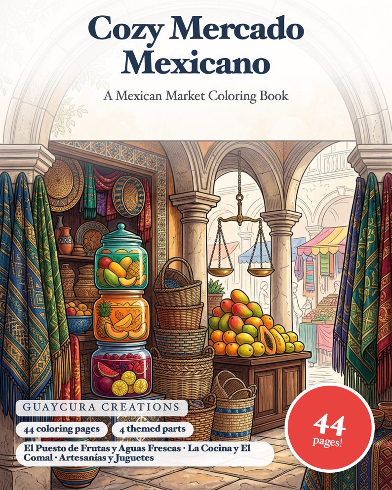 Cozy Mercado Mexicano Coloring Book — Mexican Market Printable PDF for Adults, 44 Pages, Instant Download image 1