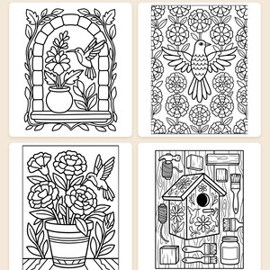 ハチドリとフォークフローラル：大きな文字の塗り絵ブック ― 大胆で簡単なデザイン、高齢者向け印刷可能PDF、44ページ、即時ダウンロード 画像 2