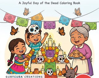 Día de Muertos familjemålarbok — De dödas dag utskrivbar PDF för barn, 44 sidor, direktnedladdning