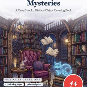 Haunted Bookshop Mysteries Coloring Book — Cozy Spooky Printable PDF with Hidden Objects, 44 Pages image 1