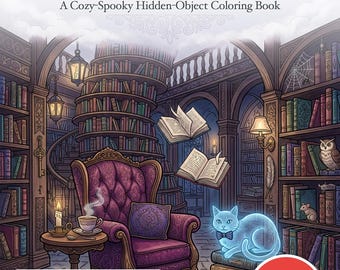 Haunted Bookshop Mysteries Coloring Book — Cozy Spooky Printable PDF with Hidden Objects, 44 Pages