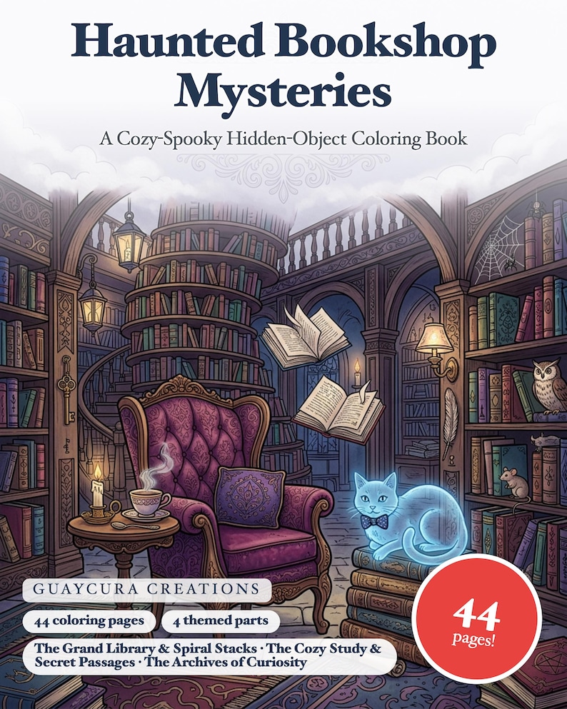Haunted Bookshop Mysteries Coloring Book — Cozy Spooky Printable PDF with Hidden Objects, 44 Pages image 1
