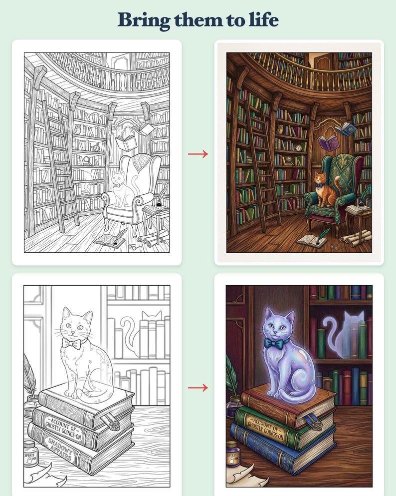 Haunted Bookshop Mysteries Coloring Book — Cozy Spooky Printable PDF with Hidden Objects, 44 Pages image 3