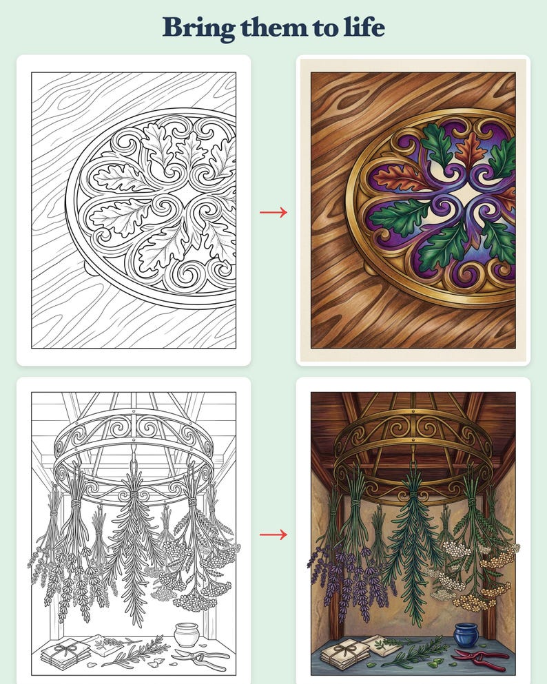 Libro da colorare "La dispensa del raccolto della strega della cucina" - Accogliente PDF stampabile autunnale per adulti, 44 pagine, download immediato immagine 3