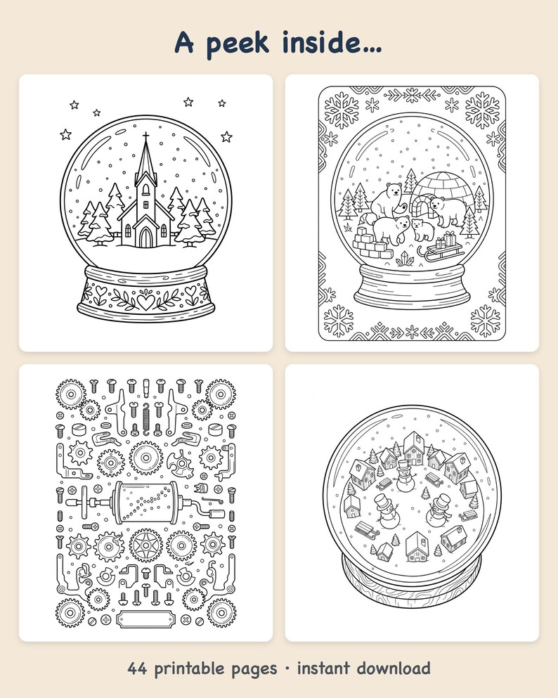 Snow Globe Coloring Book Printable PDF Winter Holiday Coloring Pages for Adults Kids, Christmas Activity, Instant Download Guaycura image 2