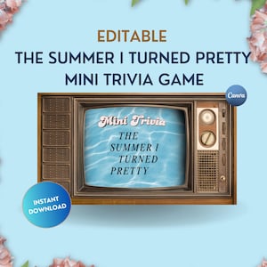 Puede incluir: Imagen de un televisor vintage con el texto "Mini Trivia" y "The Summer I Turned Pretty". El fondo es azul claro con detalles florales. Incluye insignias de "Instant Download" y "Canva".