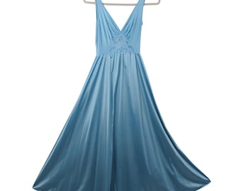 Rare Olga Bodysilk Vintage Blue Lace Huge Sweep Nightgown Style 9288 Size Medium