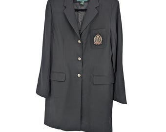Lauren Ralph Lauren Black Worsted Wool Crest Longline Blazer Jacket Womens 8