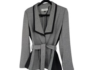 Tahari Arthur S Levine Womens Black White Knit Belted Wrap Jacket Blazer Size 10