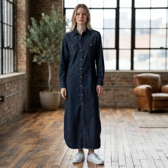 Polo Ralph Lauren, Polo Ralph Lauren Denim Maxi Shirt Dress Dark Wash Western Snap Front Large