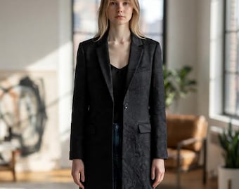 Jones New York Black Floral Jacquard Longline Blazer Coat Size 8