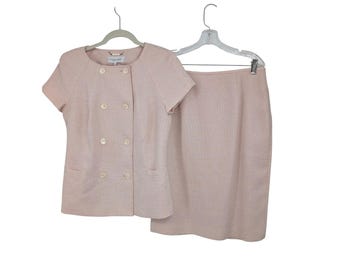 Calvin Klein Womens Pink Tweed Skirt Suit Set Double Breasted Blazer Size 6