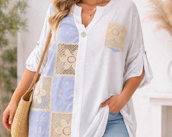 Boho patchwork tuniek, oversized tuniek top in grote maten, bohemian tuniek met kanten details, zomerse strandtuniek, losse pasvorm XL tot 3XL