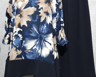 Plus size 2-delige outfit voor dames – Bloementuniek en wijde broek – Gemaakt in Italië – XL XXL Elegante comfortabele set