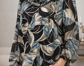 Elegante damesblouse met abstracte print, stijlvolle top in grote maten, blouse met lange mouwen van viscose, gemaakt in Polen.