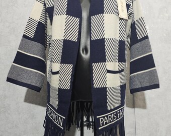 Paris Fashion Cardigan - Premium kasjmiermix, XL/XXL - Marineblauw/Wit, Franjes - Zacht en warm