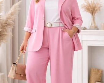 Plus size blazerpakset voor dames, elegante tweedelige set, blazer en wijde broek, roze, zwart, beige, geel, outfit voor vrouwen met rondingen, maat XL XXL