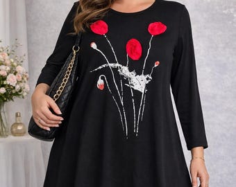 Plus Size Tunic Top with 3D Flowers | Elegant & Comfortable | Sizes 46-52 | Curvy Women Blouse | Made in Poland