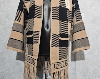 Paris Fashion Cardigan - Premium Kasjmiermix, M/L - Beige/Zwart, Franjes - Zacht & Warm