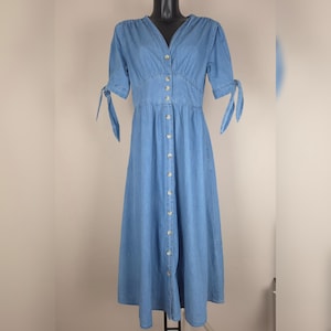 Light Blue Denim Midi Dress –Spring Summer Button Front Dress with Tie Sleeves | Size L