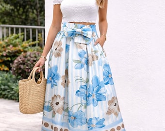 Midi-rok met bloemenprint / Rok met hoge taille en strik / Lente/zomerrok met zakken / Romantische stijl / Gemaakt in Italië / One size S/meter