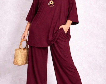 Oversized tweedelig set voor dames – Plus size tuniek van viscose en wijde broek – Gemaakt in Italië – XXL tot 4XL, One Size – Verkrijgbaar in diverse kleuren