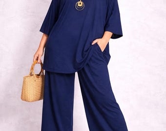 Oversize Two Piece Set for Women – Plus Size Viscose Tunic and Wide Pants – Made in Italy – XXL to 4XL, One Size – Multiple Colors