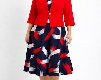Elegante jurk en blazer set in grote maten – Rood & Marineblauw – Maten 42 t/m 50 – Formele outfit – Gemaakt in Europa