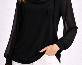 Elegant Black Chiffon Blouse Plus Size | Oversized Polish Top | Long Sleeve Viscose Blouse | L–4XL