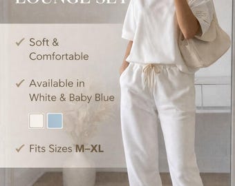 Minimalistische dames trainingsset / Zachte viscose loungeset / Oversized witte en lichtblauwe set / Comfortabele tweedelige outfit / Maten tot XL