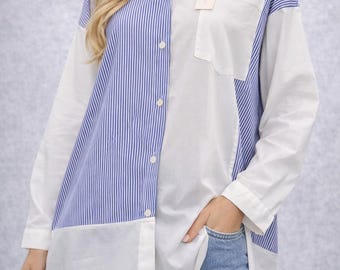 Oversized gestreept shirt voor dames | Blauw-wit katoenen shirt | Lange tuniek | Relaxte pasvorm | Gemaakt in Italië | One size plus mode