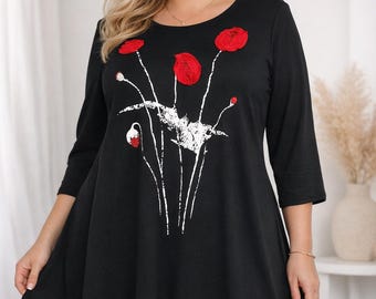 Plus Size Tunic Top with 3D Flowers | Elegant & Comfortable | Sizes 44 and 50 | Curvy Women Blouse | Made in Poland 3/4 sleeve