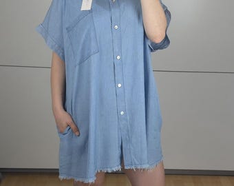 Plus size Tencel overhemdjurk XL 2XL 3XL | Blauwe denimlook tuniekjurk | Oversized zomerjurk | Gemaakt in Italië | Losse pasvorm