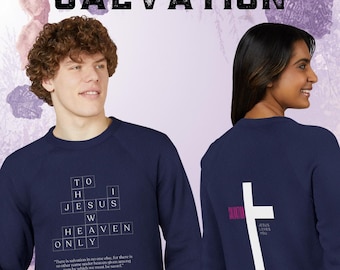 Sudadera cristiana "Solo a Jesús, el Cielo" con cuello redondo y cruz raglán/ Salvación