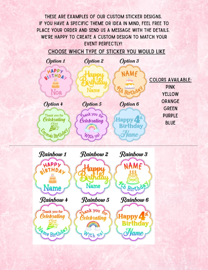 May include: Examples of custom sticker designs with various options for birthday and celebration events. The stickers come in a variety of colors, including pink, yellow, orange, green, purple, and blue. Text includes "Happy Birthday" and "Thank you for Celebrating".