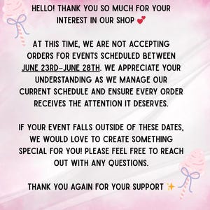 May include: A pink and white graphic with text that reads "HELLO! THANK YOU SO MUCH FOR YOUR INTEREST IN OUR SHOP." The text also mentions order availability and dates. Decorative cotton candy illustrations are on the sides.