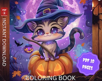 Kawaii Halloween Coloring Pages Printable | 10 Pages | Instant Download