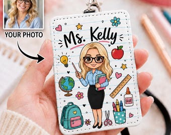 Personalized Teacher Badge Holder, Custom Leather ID Holder With Photo,  Portrait Teacher Appreciation Gift, School Lanyard Case