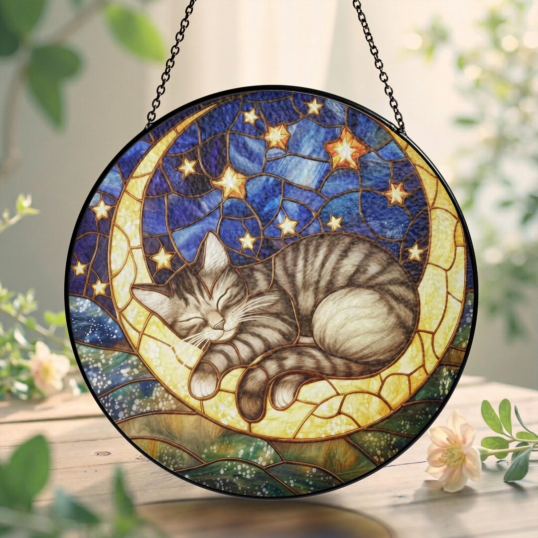 Stained Glass Sleeping Cat Moon Suncatcher, Blue Starry Sky Window ...