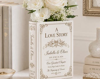 Personalized Ceramic Book Vase, Custom Couple Names and Wedding Date, Ivory Gold Love Story Decor, Anniversary Gift