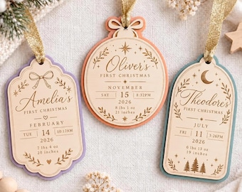 Personalized Baby Wood Ornament, Custom First Christmas Keepsake With Birth Stats and Name