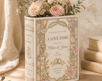 Personalized Ceramic Book Vase, Custom Couple Names and Wedding Date, Vintage Floral Love Story Wedding Decor