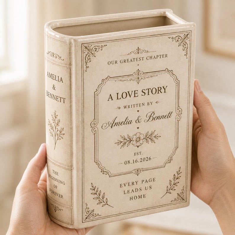 May include: A cream-colored ceramic book-shaped vase featuring dark brown text and floral illustrations. The front reads A LOVE STORY, WRITTEN BY Amelia & Bennett, OUR GREATEST CHAPTER, EST. 08.16.2026, and EVERY PAGE LEADS US HOME. The spine reads AMELIA & BENNETT.