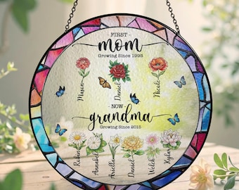 Personalized First Mom Now Grandma Stained Glass Suncatcher, Mother’s Day Gift, Custom Birth Flower Family Window Decor