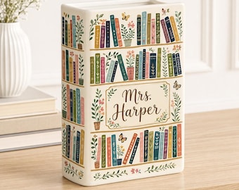 Personalized Ceramic Book Vase, Custom Teacher Name, Colorful Bookshelf Floral Decor, Teacher Appreciation Gift